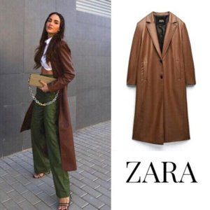 ZARA NEW WOMAN LONG FAUX LEATHER TRENCH COAT CAMEL BROWN